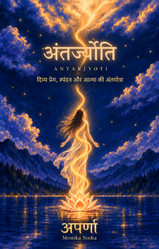 Book cover of अंतर्ज्योति (Antarjyoti) by Monika Sinha — a glowing figure above a lotus on a moonlit lake