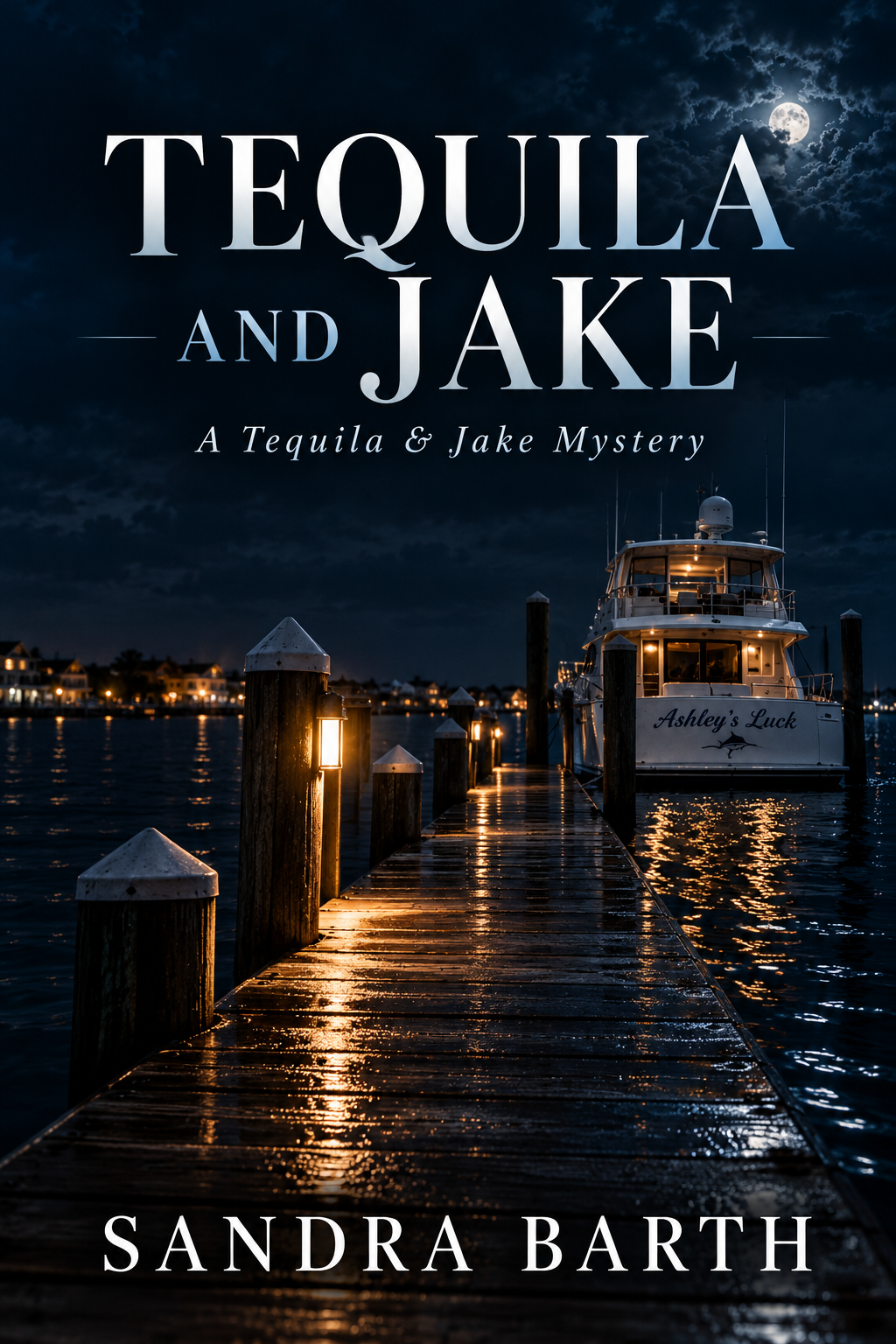 Book cover of Tequila and Jake by Sandra Barth — a moonlit marina dock with a yacht named Ashley's Luck